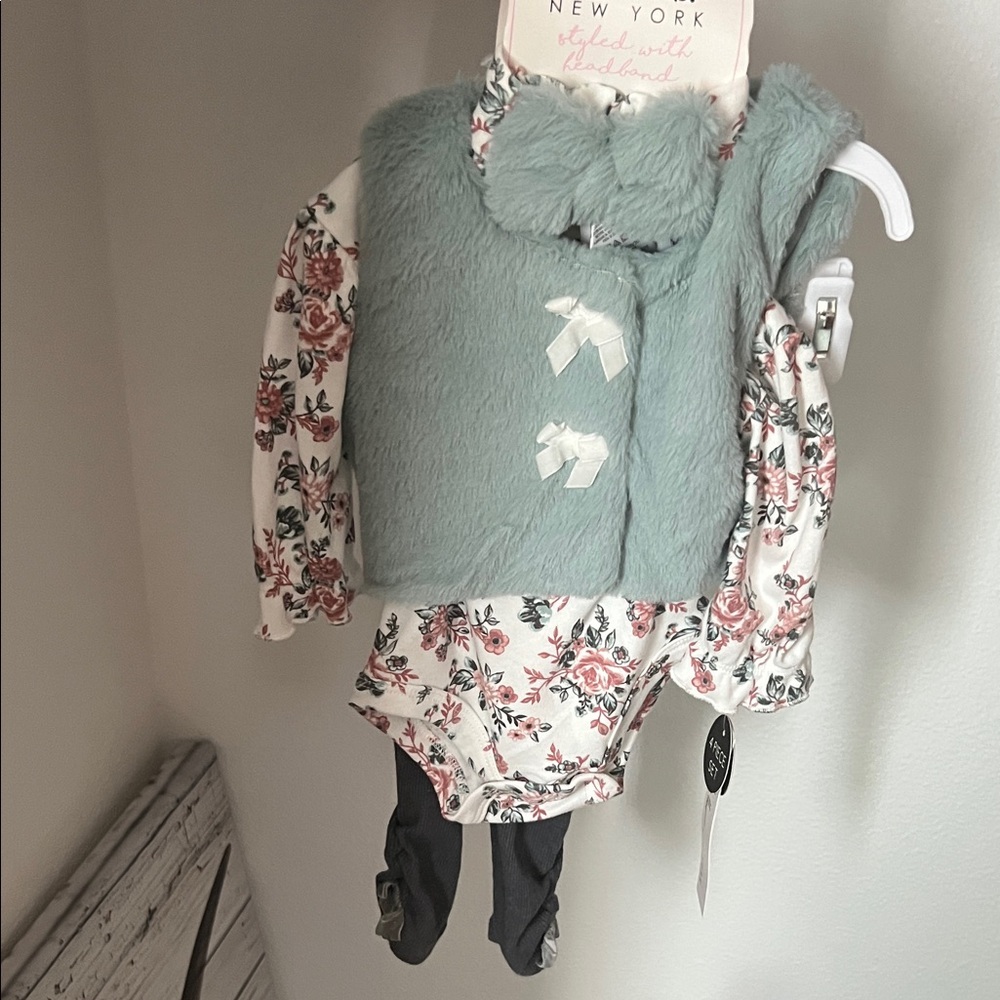 Nicole Miller Floral Baby Outfit with Faux Fur Vest